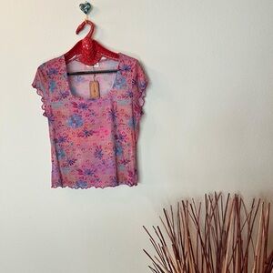 Natural Life Devon Mesh Short Sleeve Top - Pink Watercolor Floral